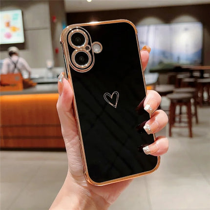 For iPhone 16 Plus Case Love Heart Pattern TPU Phone Cover Electroplating Edge - Black