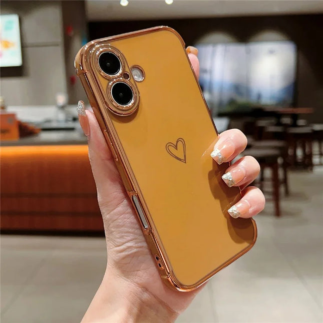 For iPhone 16 Plus Case Love Heart Pattern TPU Phone Cover Electroplating Edge - Brown