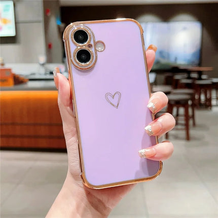 For iPhone 16 Plus Case Love Heart Pattern TPU Phone Cover Electroplating Edge - Purple