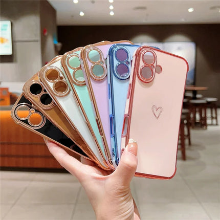 For iPhone 16 Plus Case Love Heart Pattern TPU Phone Cover Electroplating Edge