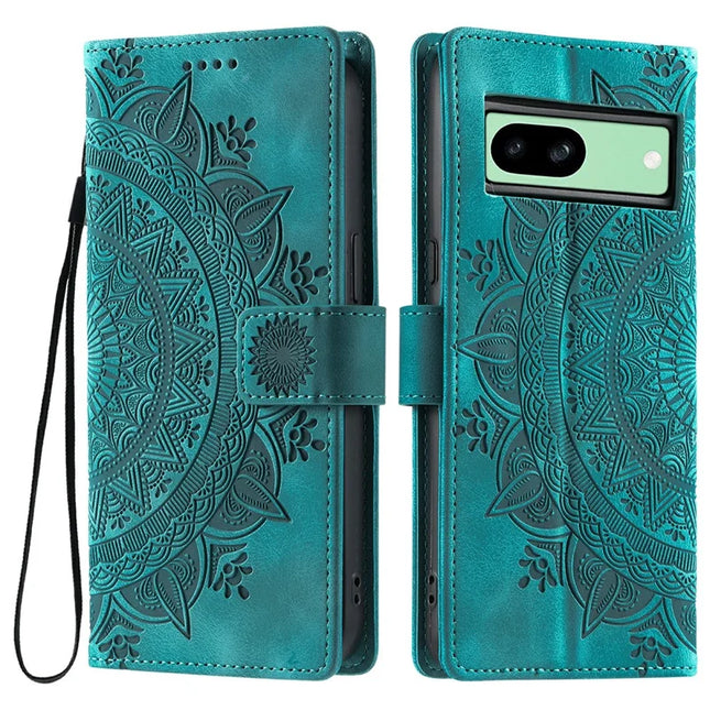 Style 018 For Google Pixel 8a Case Imprinted Totem Skin Feel Wallet Leather Phone Cover - Mint Green