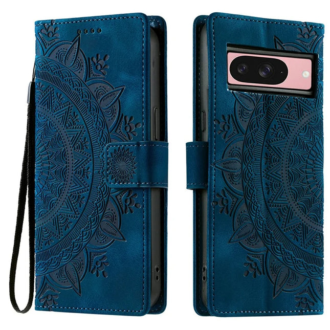 Style 018 For Google Pixel 9 Pro  /  Pixel 9 Case Imprinted Totem Skin Feel Wallet Leather Phone Cover - Blue