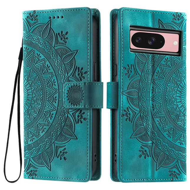 Style 018 For Google Pixel 9 Pro  /  Pixel 9 Case Imprinted Totem Skin Feel Wallet Leather Phone Cover - Mint Green