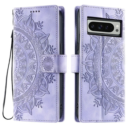 Style 018 For Google Pixel 9 Pro XL Case Imprinted Totem Skin Feel Wallet Leather Phone Cover - Purple