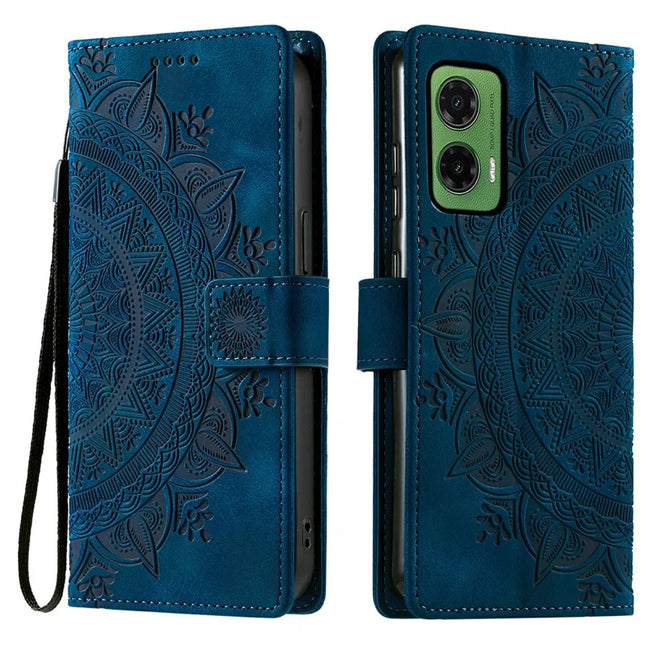 For Motorola Moto G35 5G Case Imprinted Totem Skin Feel Wallet Leather Phone Cover - Blue