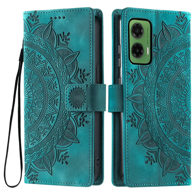 For Motorola Moto G35 5G Case Imprinted Totem Skin Feel Wallet Leather Phone Cover - Mint Green