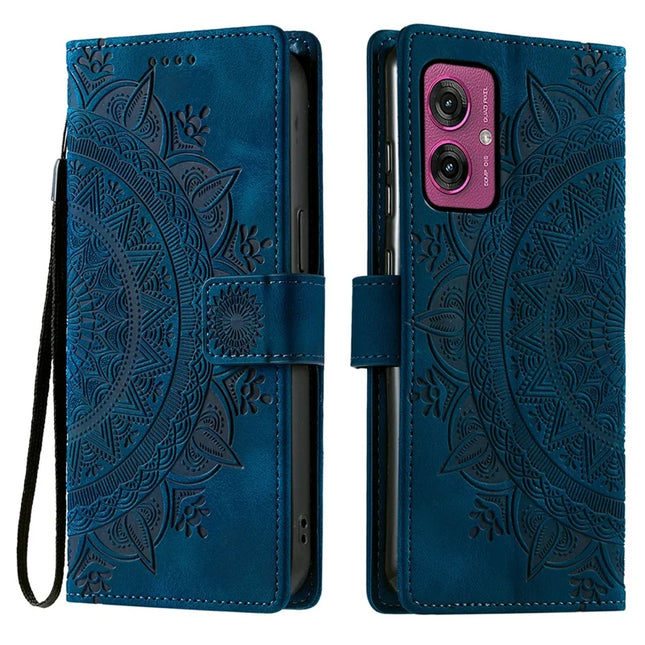 For Motorola Moto G55 5G Case Imprinted Totem Skin Feel Wallet Leather Phone Cover - Blue