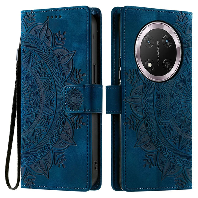 Style 018 For Honor Magic7 Lite 5G / X9c 5G / X60 Pro 5G Case Imprinted Totem Skin Feel Wallet Leather Phone Cover - Blue