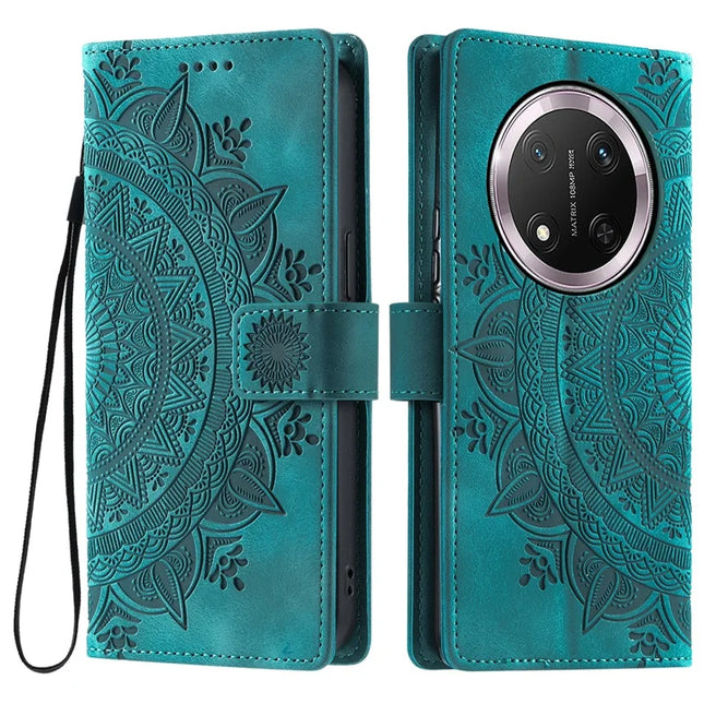 Style 018 For Honor Magic7 Lite 5G / X9c 5G / X60 Pro 5G Case Imprinted Totem Skin Feel Wallet Leather Phone Cover - Mint Green