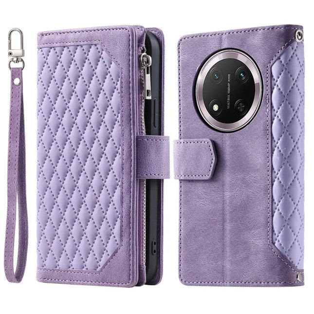Style 005 For Honor Magic7 Lite 5G / X9c 5G / X60 Pro 5G Wallet Case Rhombus Stitching Line PU Leather Phone Cover - Purple