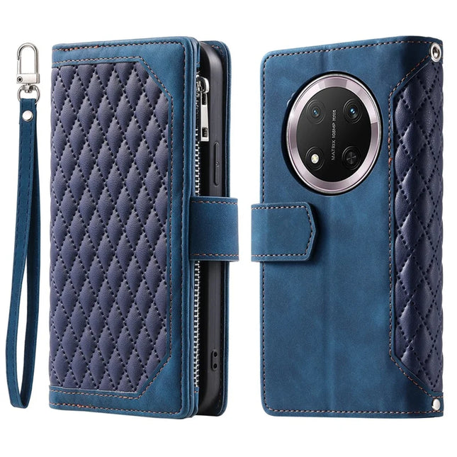 Style 005 For Honor Magic7 Lite 5G / X9c 5G / X60 Pro 5G Wallet Case Rhombus Stitching Line PU Leather Phone Cover - Blue