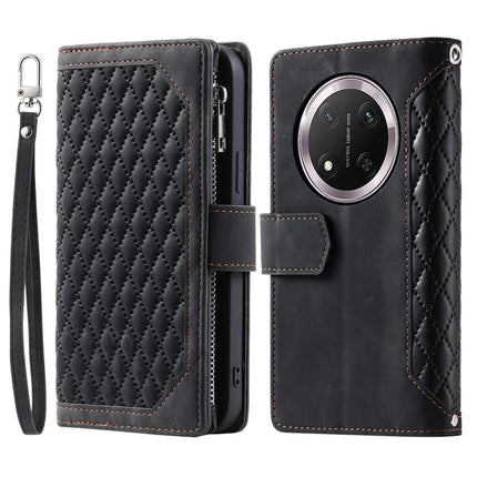 Style 005 For Honor Magic7 Lite 5G / X9c 5G / X60 Pro 5G Wallet Case Rhombus Stitching Line PU Leather Phone Cover - Black