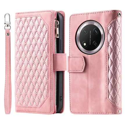 Style 005 For Honor Magic7 Lite 5G / X9c 5G / X60 Pro 5G Wallet Case Rhombus Stitching Line PU Leather Phone Cover - Rose Gold