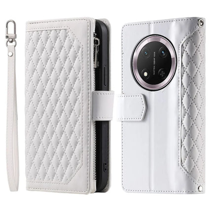 Style 005 For Honor Magic7 Lite 5G / X9c 5G / X60 Pro 5G Wallet Case Rhombus Stitching Line PU Leather Phone Cover - White