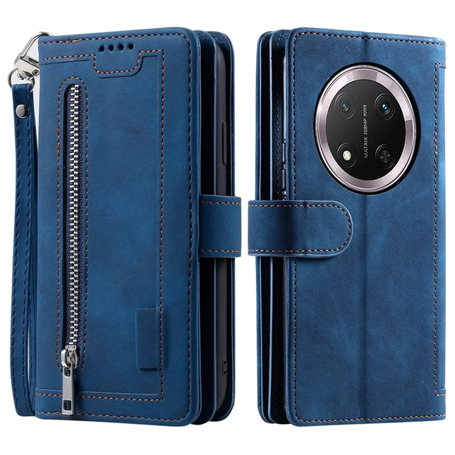 For Honor Magic7 Lite 5G / X9c 5G / X60 Pro 5G Case PU Leather Phone Cover with Zipper Wallet 9 Card Slots - Blue