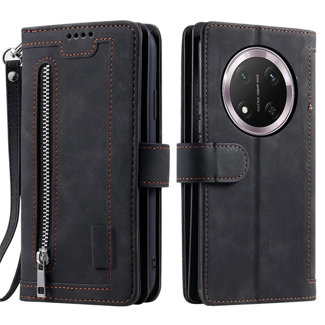 For Honor Magic7 Lite 5G / X9c 5G / X60 Pro 5G Case PU Leather Phone Cover with Zipper Wallet 9 Card Slots - Black