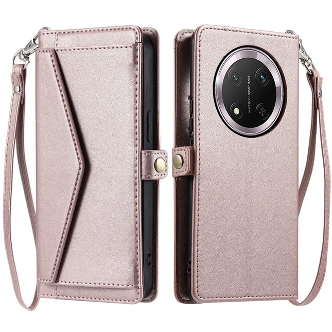 For Honor Magic7 Lite 5G / X9c 5G / X60 Pro 5G Leather Case Wallet Stand Phone Cover with Straps - Rose Gold