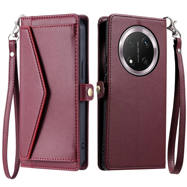 For Honor Magic7 Lite 5G / X9c 5G / X60 Pro 5G Leather Case Wallet Stand Phone Cover with Straps - Wine Red