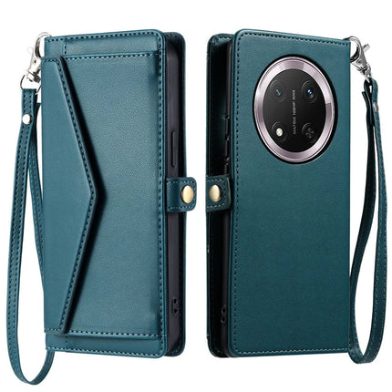 For Honor Magic7 Lite 5G / X9c 5G / X60 Pro 5G Leather Case Wallet Stand Phone Cover with Straps - Blackish Green