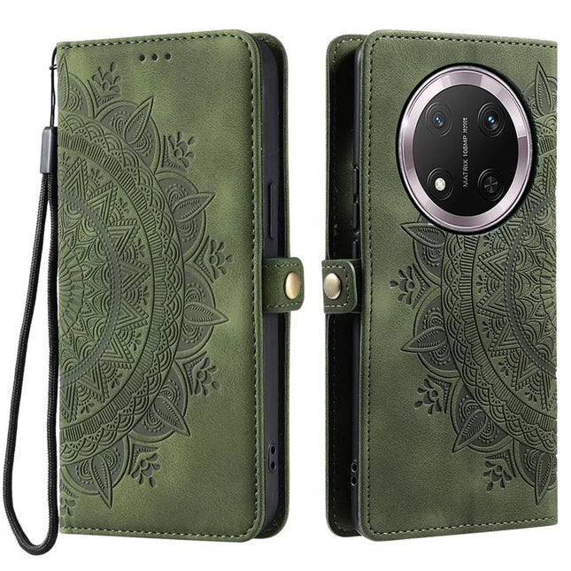 Style 016 For Honor Magic7 Lite 5G / X9c 5G / X60 Pro 5G Case Skin Feel Totem Imprinted Wallet Leather Phone Cover - Blackish Green