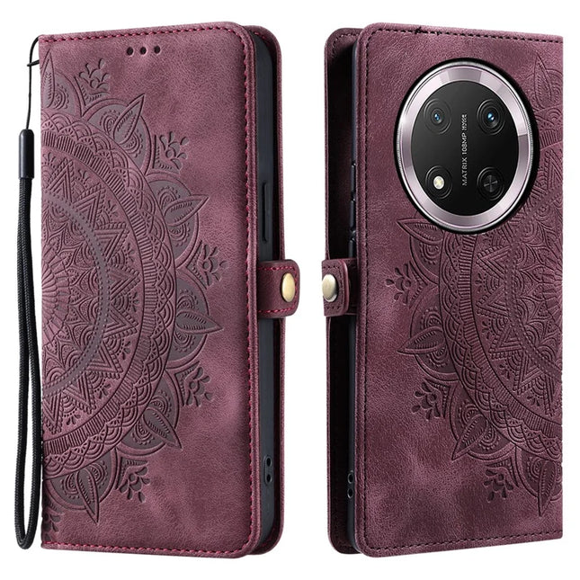 Style 016 For Honor Magic7 Lite 5G / X9c 5G / X60 Pro 5G Case Skin Feel Totem Imprinted Wallet Leather Phone Cover - Wine Red