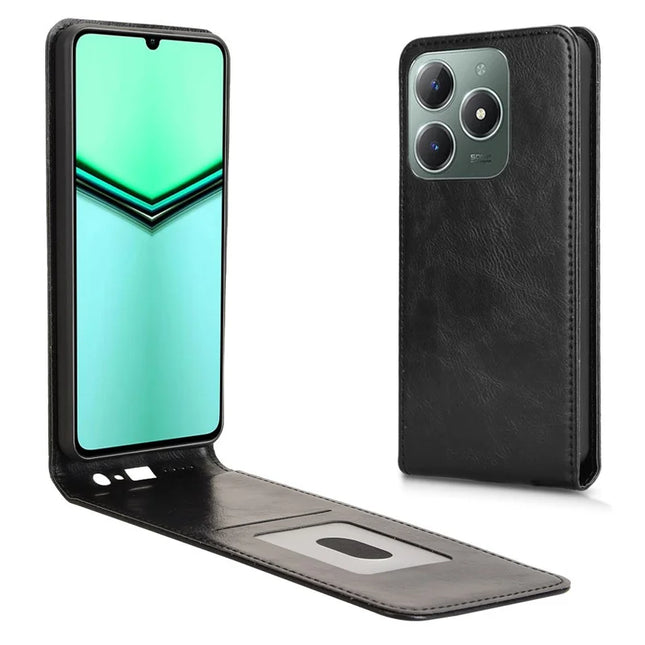 Phone Case For Realme Note 60 / Note 60x 4G / C63 4G / C61 4G / Narzo N63 4G Magnetic Vertical Flip Leather Cover with Card Slot - Black