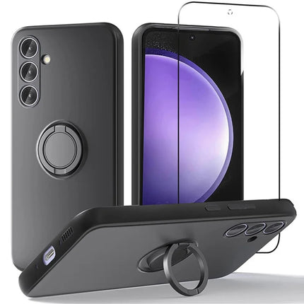 For Samsung Galaxy A16 5G  /  4G Case Liquid Silicone Kickstand Cover with 2.5D Arc Edge Tempered Glass Film - Black