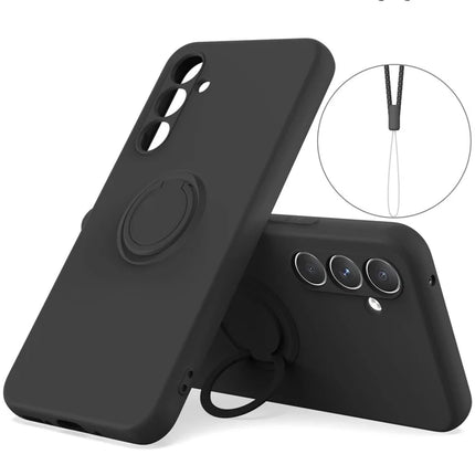 For Samsung Galaxy A16 5G  /  4G Silicone Case with Strap Ring Kickstand Phone Cover - Black