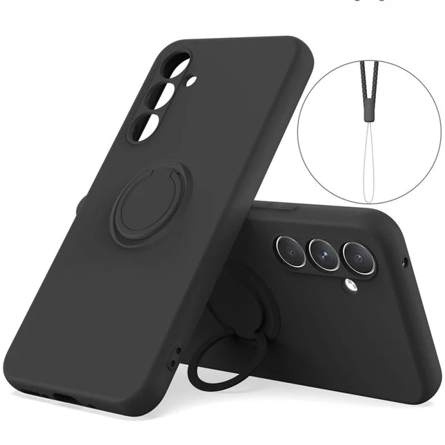 For Samsung Galaxy A16 5G  /  4G Silicone Case with Strap Ring Kickstand Phone Cover - Black