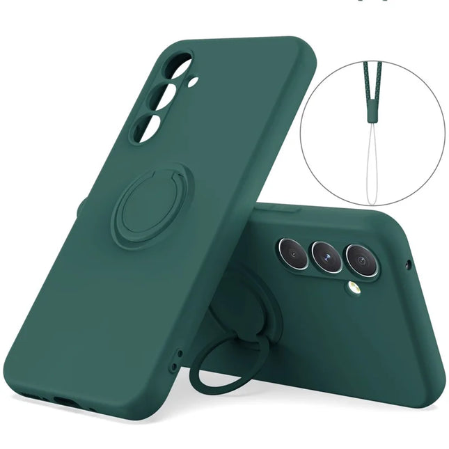 For Samsung Galaxy A16 5G  /  4G Silicone Case with Strap Ring Kickstand Phone Cover - Blackish Green