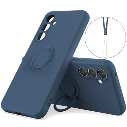 For Samsung Galaxy A36 5G Silicone Case with Strap Ring Kickstand Phone Cover - Midnight Blue