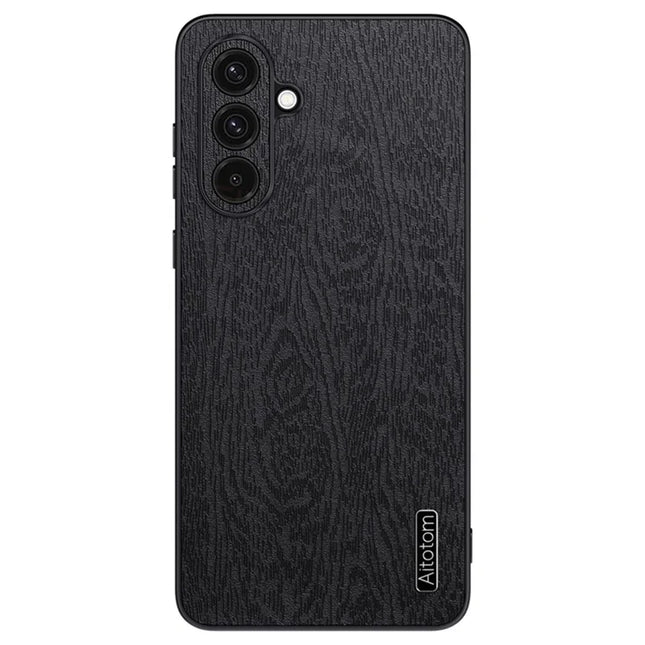 For Samsung Galaxy A16 5G  /  4G Case Wood Texture PU Leather Coated PC+TPU Phone Cover - Black