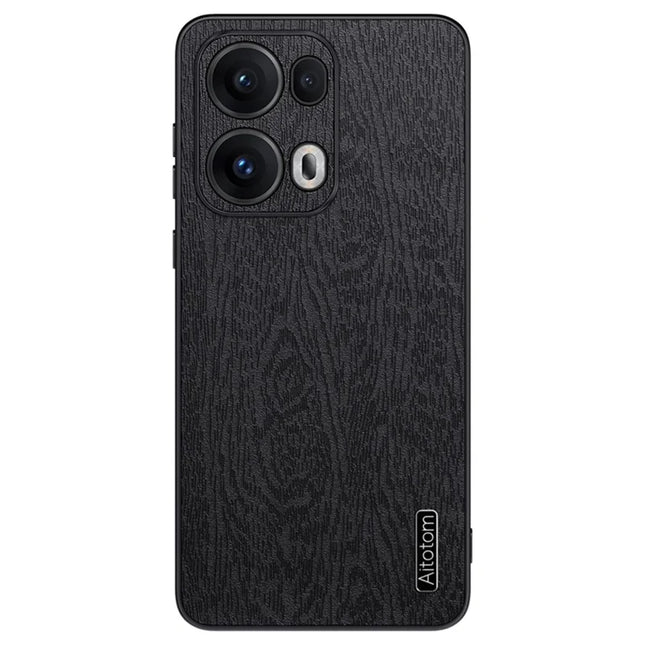 For Oppo Reno13 Pro 5G Case Wood Texture PU Leather Coated PC+TPU Phone Cover - Black