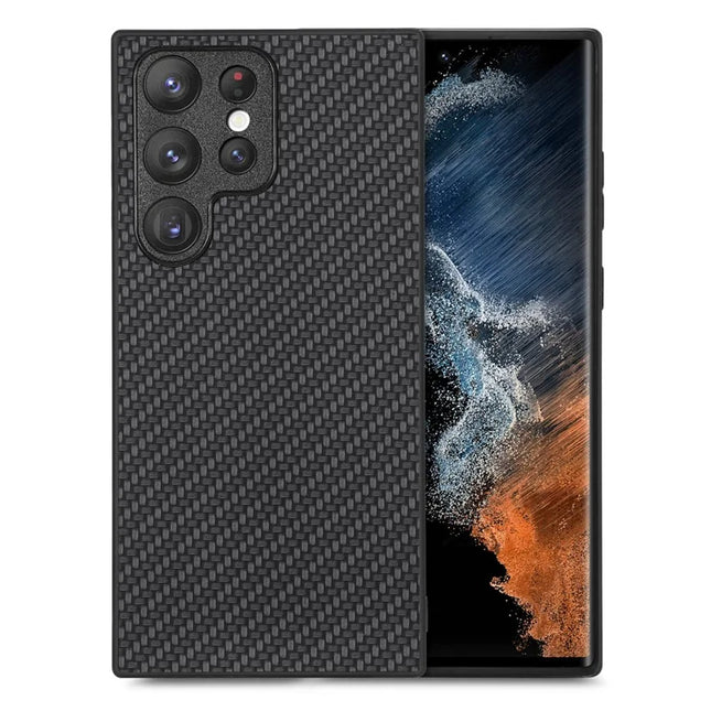 For Samsung Galaxy S23 Ultra Case Carbon Fiber Texture PU+PC+TPU Phone Cover - Black