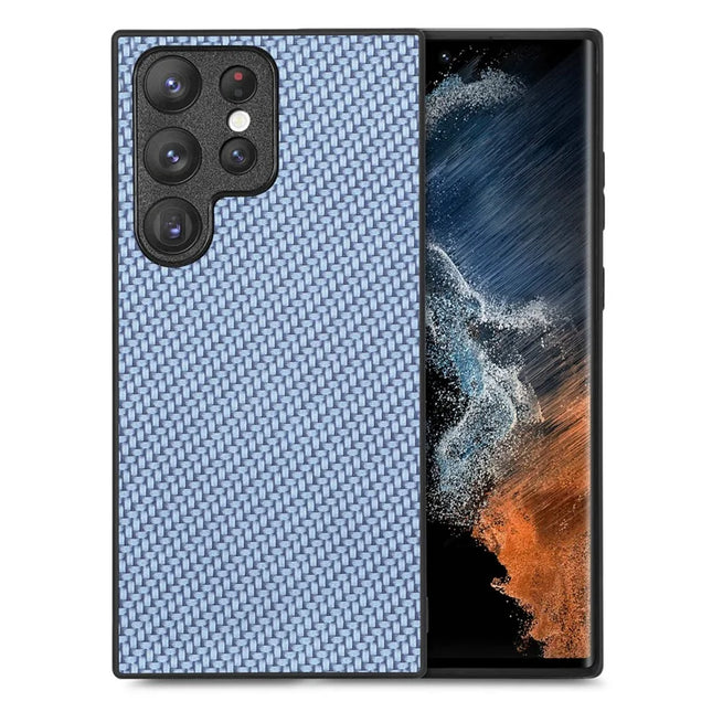 For Samsung Galaxy S23 Ultra Case Carbon Fiber Texture PU+PC+TPU Phone Cover - Blue