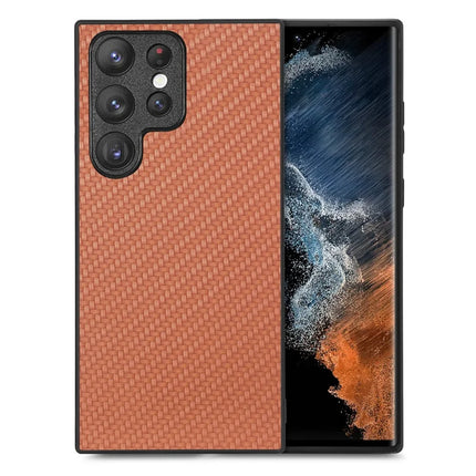 For Samsung Galaxy S23 Ultra Case Carbon Fiber Texture PU+PC+TPU Phone Cover - Brown
