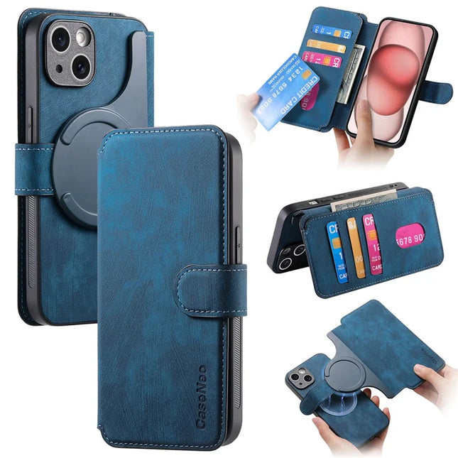 CASENEO MW-03 For iPhone 14 Case with Detachable Wallet Leather+TPU Phone Cover - Dark Blue