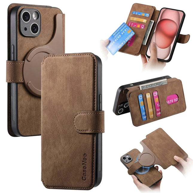 CASENEO MW-03 For iPhone 14 Case with Detachable Wallet Leather+TPU Phone Cover - Brown