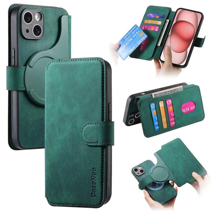CASENEO MW-03 For iPhone 14 Case with Detachable Wallet Leather+TPU Phone Cover - Green