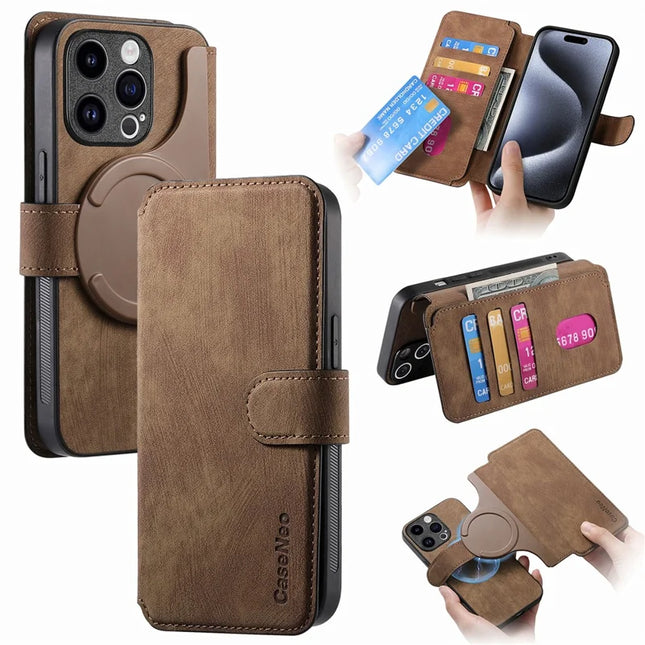 CASENEO MW-03 For iPhone 15 Pro Max Case with Detachable Wallet Leather+TPU Phone Cover - Brown