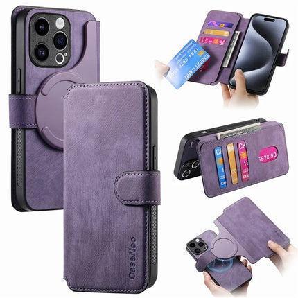 CASENEO MW-03 For iPhone 15 Pro Max Case with Detachable Wallet Leather+TPU Phone Cover - Purple