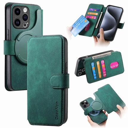 CASENEO MW-03 For iPhone 13 Pro Max Case with Detachable Wallet Leather+TPU Phone Cover - Green