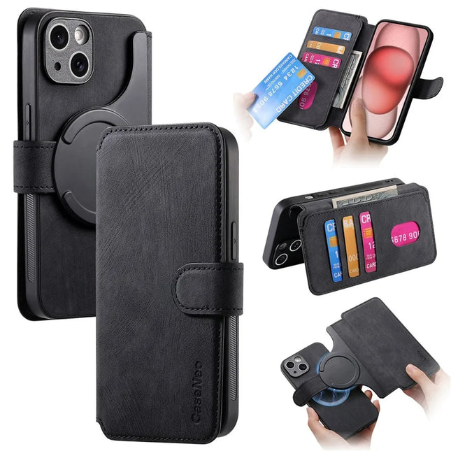 CASENEO MW-03 For iPhone 13 Case with Detachable Wallet Leather+TPU Phone Cover - Black