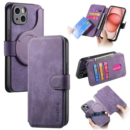 CASENEO MW-03 For iPhone 13 Case with Detachable Wallet Leather+TPU Phone Cover - Purple