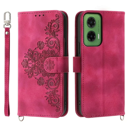 For Motorola Moto G35 5G Case Flower Pattern PU Leather Wallet Phone Cover with Strap - Wine Red
