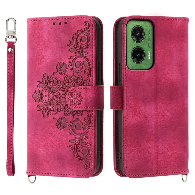 For Motorola Moto G35 5G Case Flower Pattern PU Leather Wallet Phone Cover with Strap - Wine Red