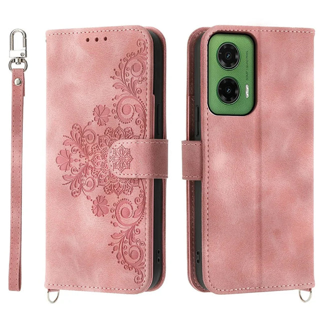 For Motorola Moto G35 5G Case Flower Pattern PU Leather Wallet Phone Cover with Strap - Pink