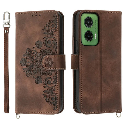 For Motorola Moto G35 5G Case Flower Pattern PU Leather Wallet Phone Cover with Strap - Brown