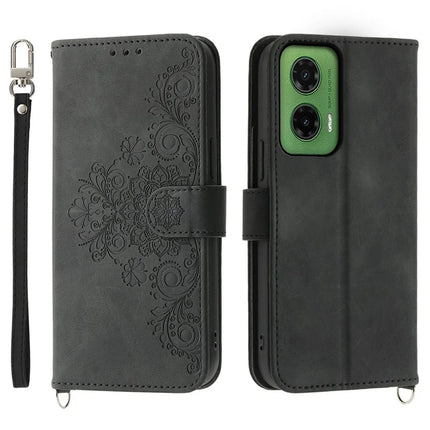 For Motorola Moto G35 5G Case Flower Pattern PU Leather Wallet Phone Cover with Strap - Black