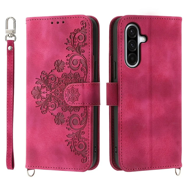 For Samsung Galaxy A56 5G Case Flower Pattern PU Leather Wallet Phone Cover with Strap - Wine Red